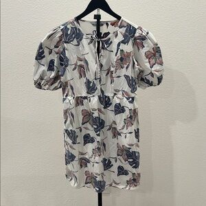 Floral Puff Sleeve Dress - White and Blue